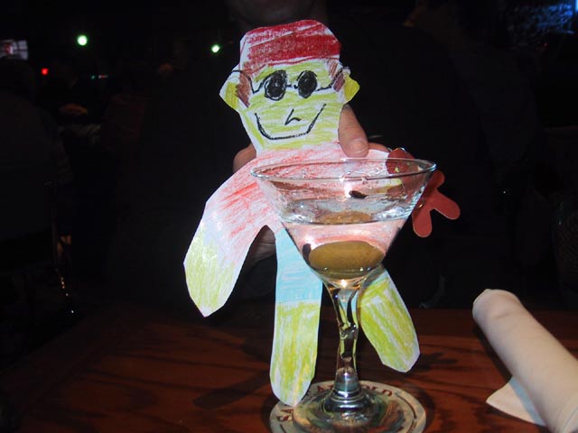 This is Flat Stanley drinking one of Bob's famous martinis. Careful of that glass, they can get away from you!