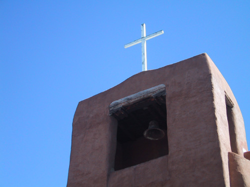 Mission of San Miguel  belltower. The original bell, made in 1356, is now inside. The church was built in 1610 on the site of what may be a 12th century pueblo.